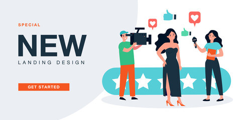 Interview by journalist holding microphone with famous star. Man and woman making reportage from show flat vector illustration. VIP, journalism concept for banner, website design or landing web page