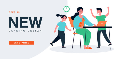 Distance work of busy young mother and playing kids. Woman sitting with cat at workplace, working with laptop flat vector illustration. Freelance concept for banner, website design or landing web page