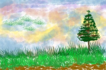 Nature landscape ,Abstract painting background , Colorful pretty texture drawing by hand. Digital indigo wallpaper.