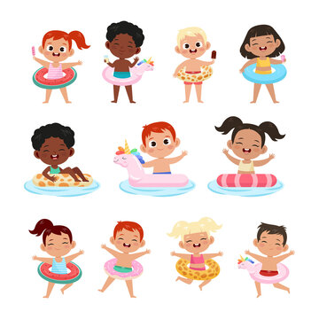 Children with inflatable rings flat vector illustrations set. Collection of drawings with happy cartoon boys and girls with rubber circles floating on water. Summer activities, vacation concept