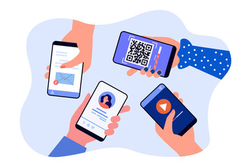 Mobile phones in human hands flat vector illustration. People using social network, barcode reader app and player. Online applications, internet concept for banner, website design or landing web page