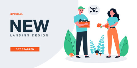 Cartoon couple picking mushrooms together in forest. Wife holding poisonous red fungi flat vector illustration. Food, danger, outdoor activity concept for banner, website design or landing web page