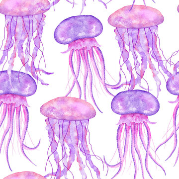 Watercolor hand drawn seamless pattern with underwater marine nautical animals shells fish. Purple blue seahorse seaweed jellyfish, ocean sea summer vacation beach background, turquoise fabric print.