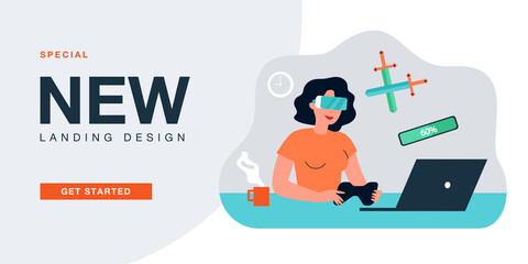 Gamer with VR glasses playing fight video game. Woman with headset sitting at table flat vector illustration. Virtual reality, entertainment concept for banner, website design or landing web page