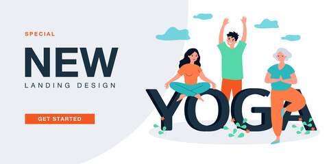 Family training asanas with yoga lettering. Healthy exercises of old and young people flat vector illustration. International yoga day, sport concept for banner, website design or landing web page