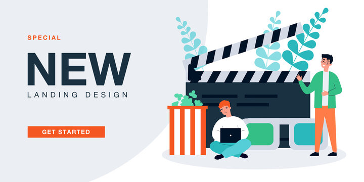 Cinema viewers with popcorn, clapperboard and 3D glasses. People and movie accessories flat vector illustration. Entertainment, cinematography concept for banner, website design or landing web page