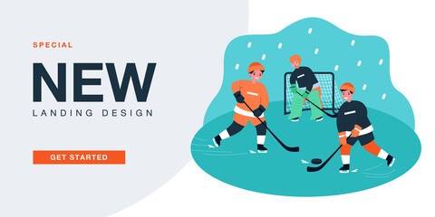 Kids playing hockey game on ice rink in city park. Boys in helmets skating, holding hockey sticks flat vector illustration. Winter sports concept for banner, website design or landing web page