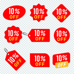 Tags set with 10 percentage discount offer.  Vector promotion red labels