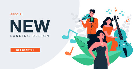 Band of musicians playing jazz music with violin and cello. Female singer singing song flat vector illustration. Acoustic music, performance concept for banner, website design or landing web page