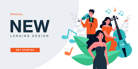 Naklejka premium Band of musicians playing jazz music with violin and cello. Female singer singing song flat vector illustration. Acoustic music, performance concept for banner, website design or landing web page