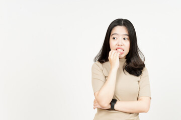 Fototapeta premium Afraid , nervous and bite nails Of Beautiful Asian Woman Isolated On White Background
