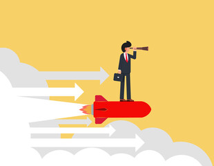 Businessman holding binoculars standing on rocket ship flying through cloud and sky. business development and strategy concept