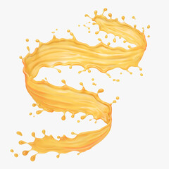 orange or mango juice splash, yellow liquid splashing with clipping path, 3d illustration.