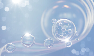 Cosmetic Essence, Liquid bubble, Molecule inside Liquid Bubble on water background, 3d rendering - obrazy, fototapety, plakaty