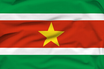 Suriname national flag, folds and hard shadows on the canvas