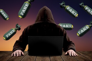 Hacker, propagandist launches fake news. Information war, hybrid war, war in the media space. Cyber...