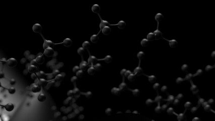 Molecular structure of black atom with mathematical geometric wavy surface under black- lighting background. Concept image of vaccine development, regenerative and advanced medicine. 3D CG. 