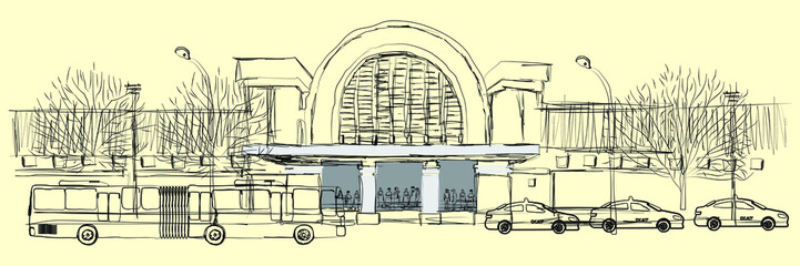 Free hand sketch of jakarta public transportation and jakarta kota train station. vector illustration