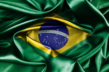 Papier Peint photo Lavable Brésil Gros plan du drapeau brésilien soyeux