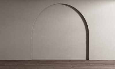 Minimal empty living room interior in warm tones, living room mock up, arch pattern wall background, 3d rendering