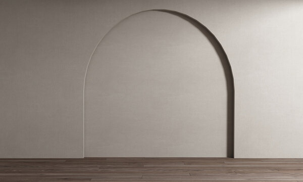 Minimal empty living room interior in warm tones, living room mock up, arch pattern wall background, 3d rendering