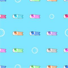 "Vector, graphic, illustration and seamless pattern of fish. Cute koinobori fish swim in the water with bubbles.