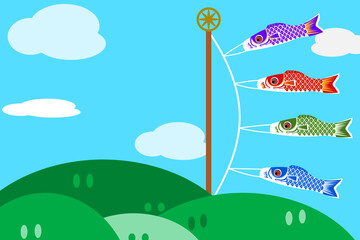 """Vector, graphic, illustration of carp streamer. Cute flying koinobori flag with blue sky, cloud and rainbow background. Traditional Asia festival event to illustrate strong energy and spirit.