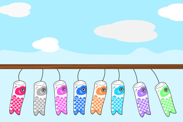 "Vector, graphic, illustration of carp streamer. Cute flying koinobori flag with blue sky, cloud and rainbow background. Traditional Asia festival event to illustrate strong energy and spirit.