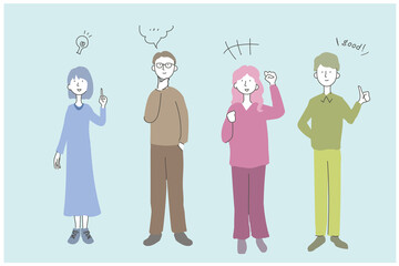 いろんなポーズをするカラフルな人物のイラストベクター