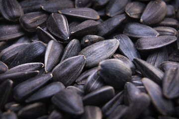 Dry black sunflower seeds in black close-up, selective focus