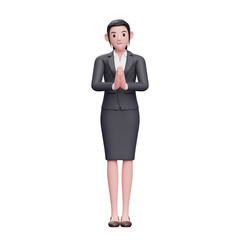 Beautiful Woman In Formal Clothes doing namaste gesture, 3D render business woman character illustration