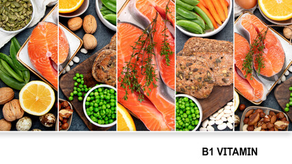 Collage of food high in vitamin B1.