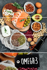 Collage of assortment of omega 3 best sources..