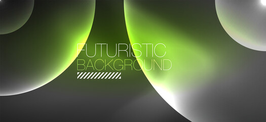 Shiny neon geometric abstract background. Glowing lights on round shapes, triangles and circles. Wallpaper for concept of AI technology, blockchain, communication, 5G, science, business