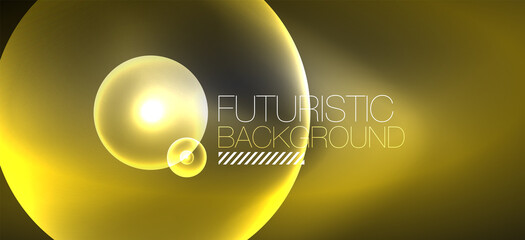 Shiny neon geometric abstract background. Glowing lights on round shapes, triangles and circles. Wallpaper for concept of AI technology, blockchain, communication, 5G, science, business