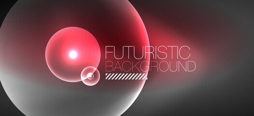 Shiny neon geometric abstract background. Glowing lights on round shapes, triangles and circles. Wallpaper for concept of AI technology, blockchain, communication, 5G, science, business