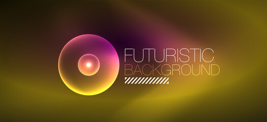 Shiny neon geometric abstract background. Glowing lights on round shapes, triangles and circles. Wallpaper for concept of AI technology, blockchain, communication, 5G, science, business