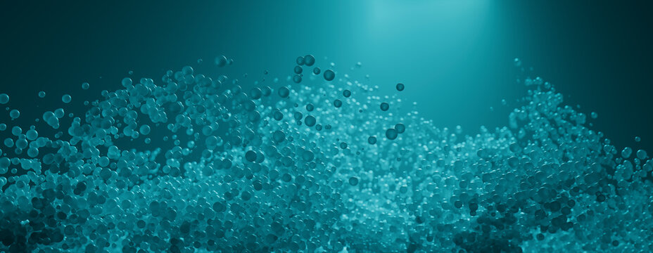 Abstract 3D Banner with Suspended Bubbles. Turquoise and Black, Medical concept.