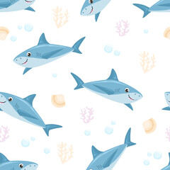 Cartoon sharks seamless pattern. Childish background with cute funny toothy fish. Sea vector flat illustration.