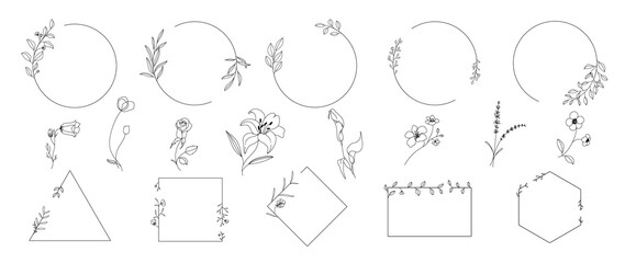 hand drawn simple line wreath with flower and leaf branch for wedding banner ,logo template  - 509293684