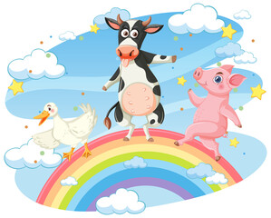 Farm animals standing on rainbow