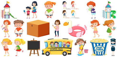 Set of different cute kids and objects