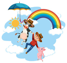 Fototapeta premium A cowboy and farm animals in the sky