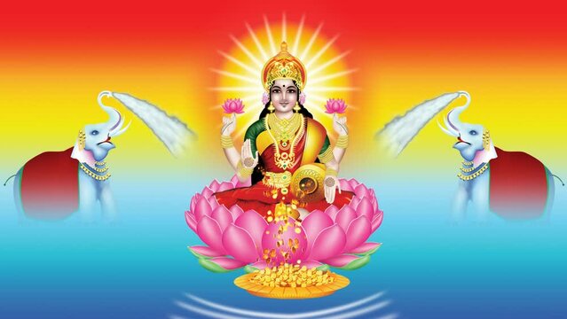 The God of Wealth Lakshmi pouring golden coins, two elephants spouting holy water on the river.