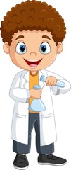 Obraz premium Cartoon boy scientist holding test tubes