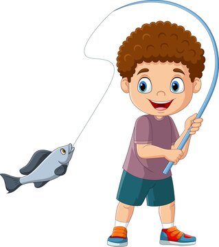 Cartoon happy little boy fishing