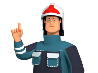 3d illustration. The fireman explains. The cartoon character raised his finger. Gesture attention. positive man