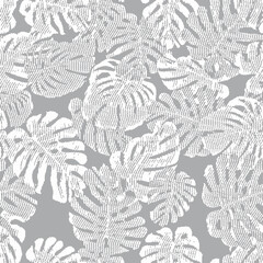 Seamless white denim effect camouflage. Monochrome pattern with tropical plants. Exotic urban camo background with monstera leaves. Fashion jungle print for design. Vector 