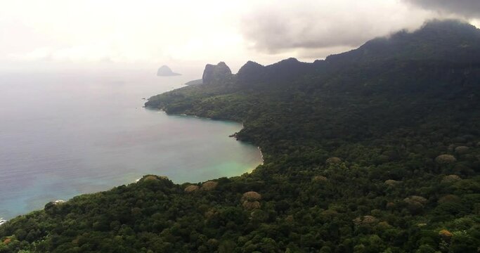 Aerial view from Prince Island,the world's first Biosphere Reserve by UNESCO we can see also at sea the rock call jockey hat,Sao Tome,Africa