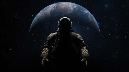 Astronaut cosmonaut discovery of new worlds of galaxies panorama, fantasy portal to far universe. Astronaut space exploration, gateway to another universe. 3d render